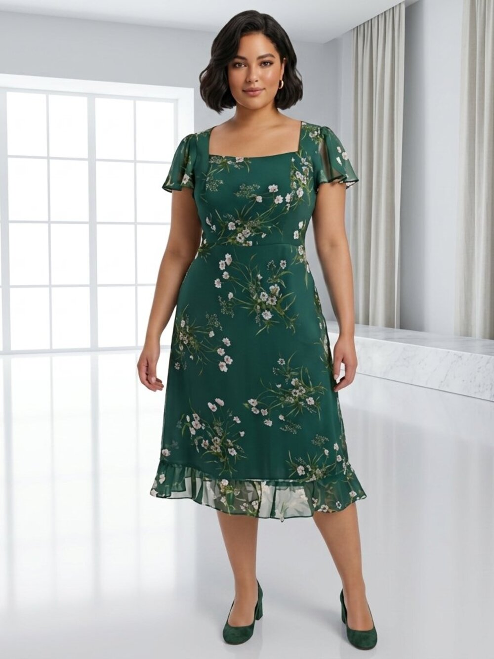 NWT Rihoas Plus Size 2XL Green Floral Chiffon Midi Dress Flutter Sleeve Cottagec